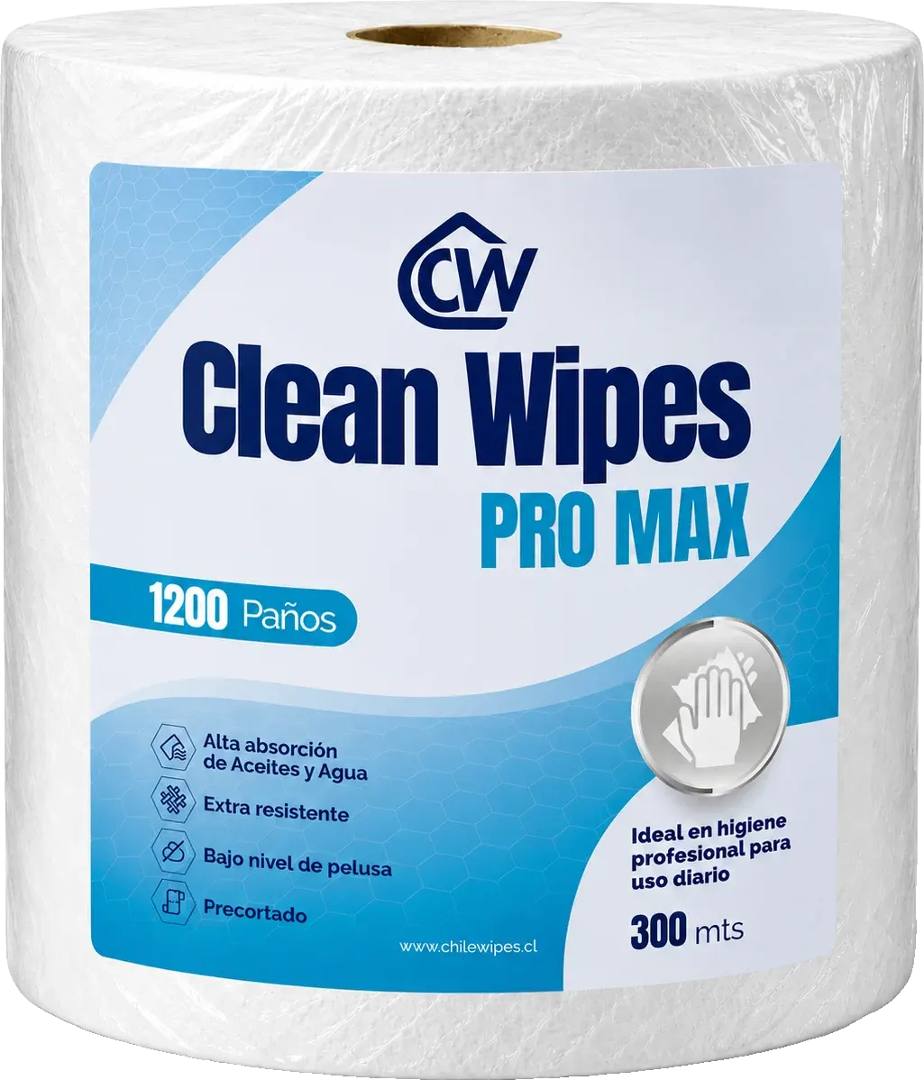 Rollo Clean Wipes Pro Max de Chile Wipes, etiqueta celeste, 1200 paños y 300 metros