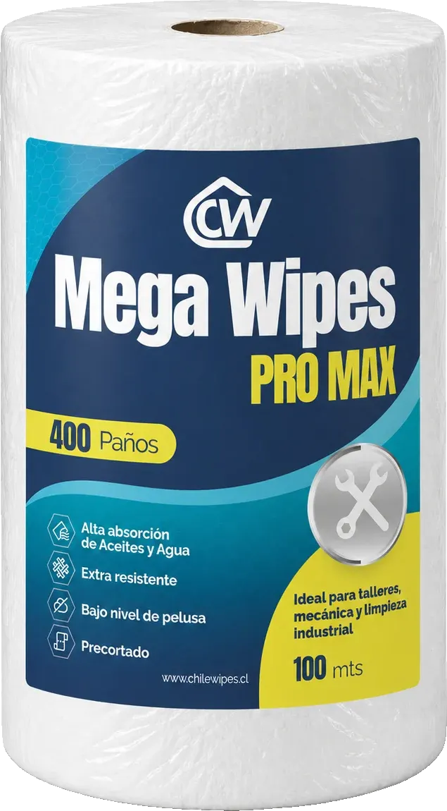 Rollo Mega Wipes Pro Max de Chile Wipes, etiqueta azul y amarilla, 400 paños y 100 metros
