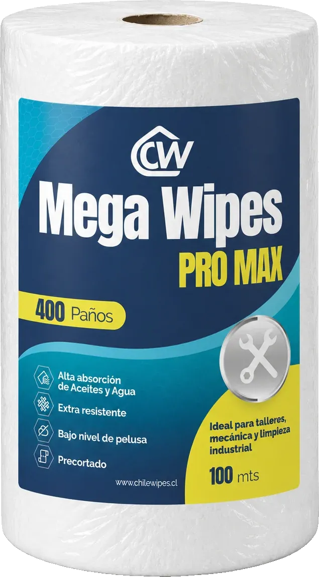 Rollo Mega Wipes Pro Max de Chile Wipes, etiqueta azul y amarilla, 400 paños y 100 metros